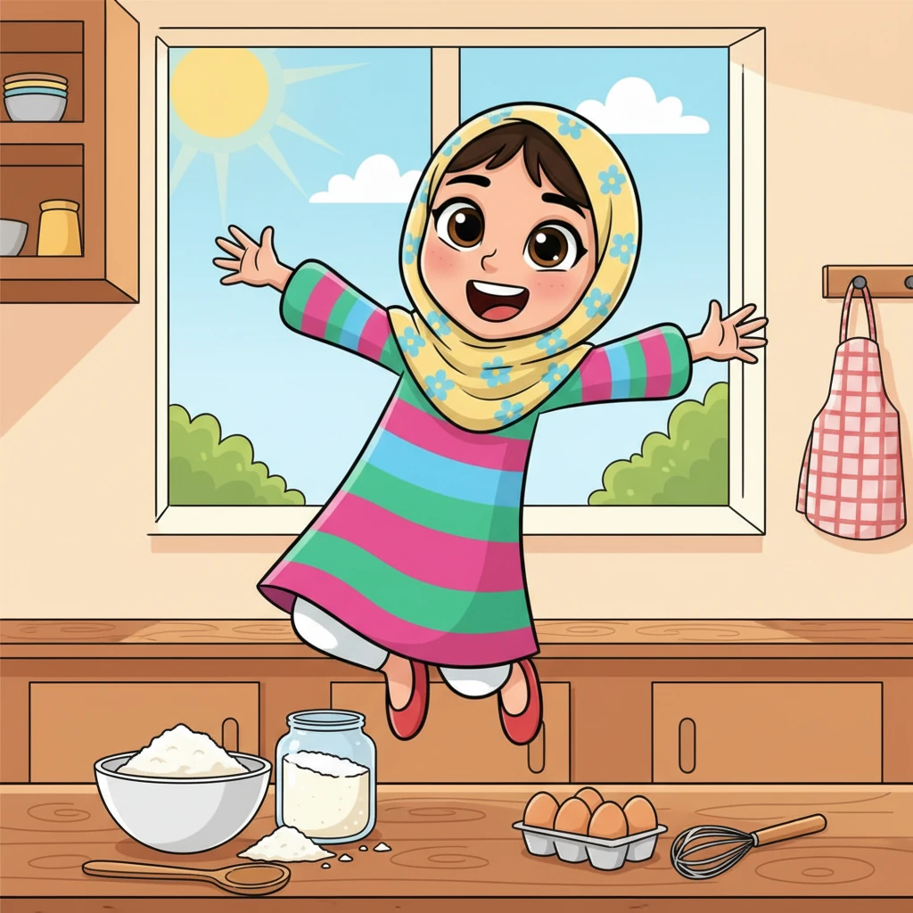 في أحد الأيام المشمسة، وبينما كانت فاطمة تفكر في هدية مميزة لجدتها بمناسبة عيد ميلادها القريب، خطرت ببالها فكرة رائعة: "سأخبز لها كعكة!" قفزت فاطمة بحماس، وتوجهت إلى المطبخ، حيث بدأت بتجميع المكونات اللازمة: الدقيق والسكر والبيض، كلها تنتظر لمسة سحرية منها.