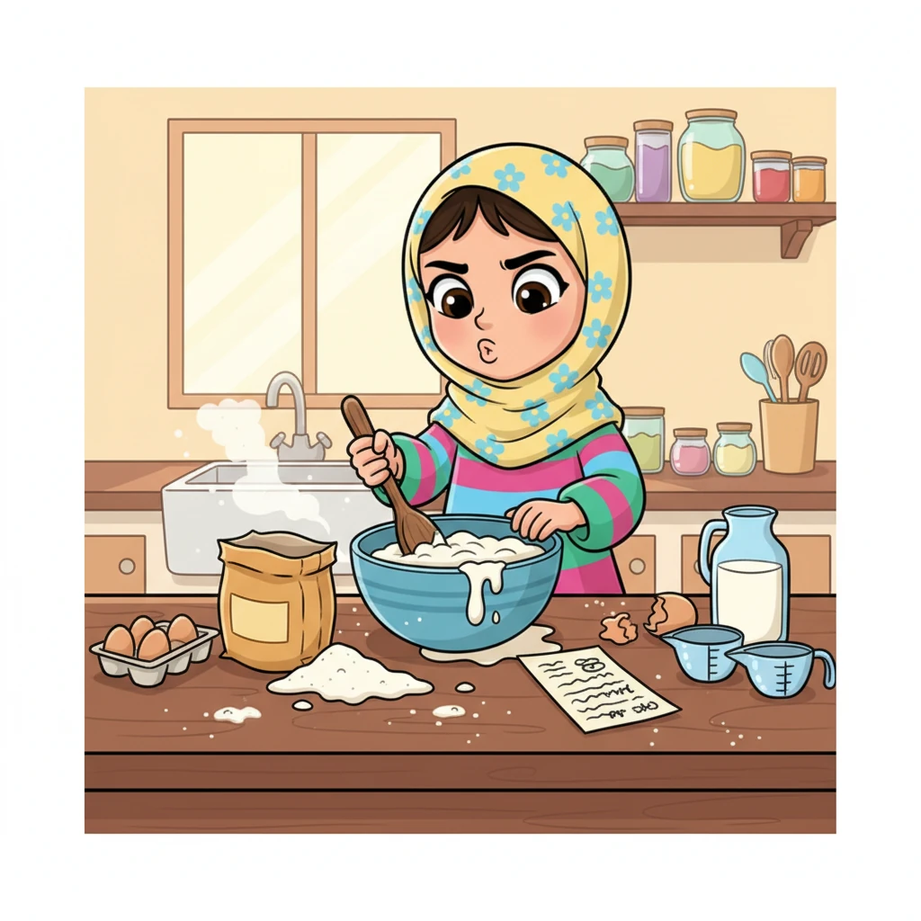 بدأت فاطمة تقرأ وصفة الكعكة بحماس، لكن سرعان ما بدت الكلمات معقدة والخطوات كثيرة. "يا إلهي، هذا أصعب مما تخيلت!" همست لنفسها وهي تحاول خلط المكونات، فتناثر بعض الدقيق على الطاولة، وبدا الخليط غير متجانس. شعرت بخيبة أمل صغيرة، وذابت ابتسامتها قليلاً.