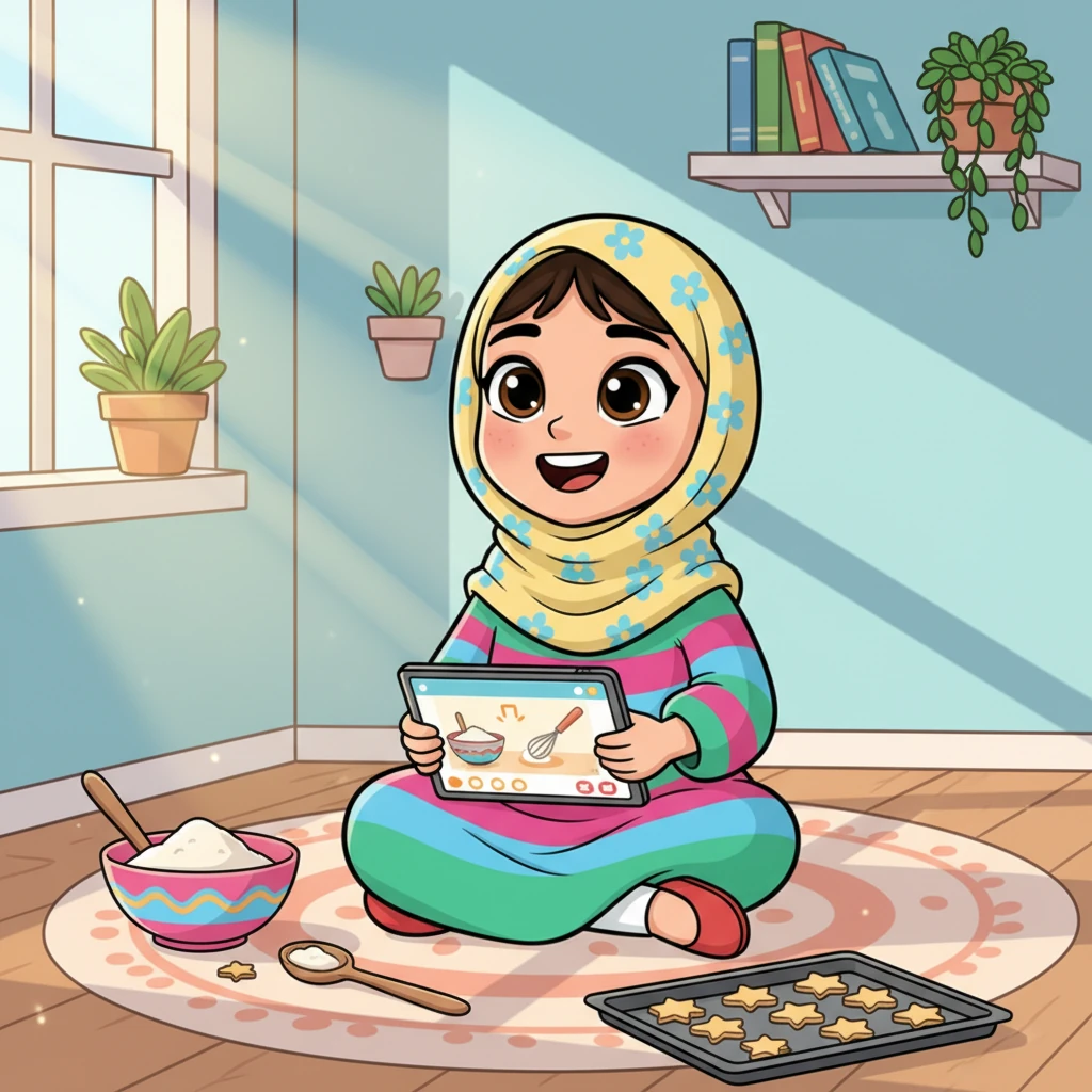 تذكرت فاطمة كلمات والدتها الحكيمة: "يا صغيرتي، كل مهارة عظيمة تبدأ بخطوة صغيرة وعزيمة قوية." رفعت رأسها وابتسمت. قررت أن تستخدم مهاراتها في الحاسوب، ففتحت جهازها اللوحي وبحثت عن فيديو تعليمي لعمل الكعك، لتشاهد الخطوات بوضوح وتفهمها بشكل أفضل.