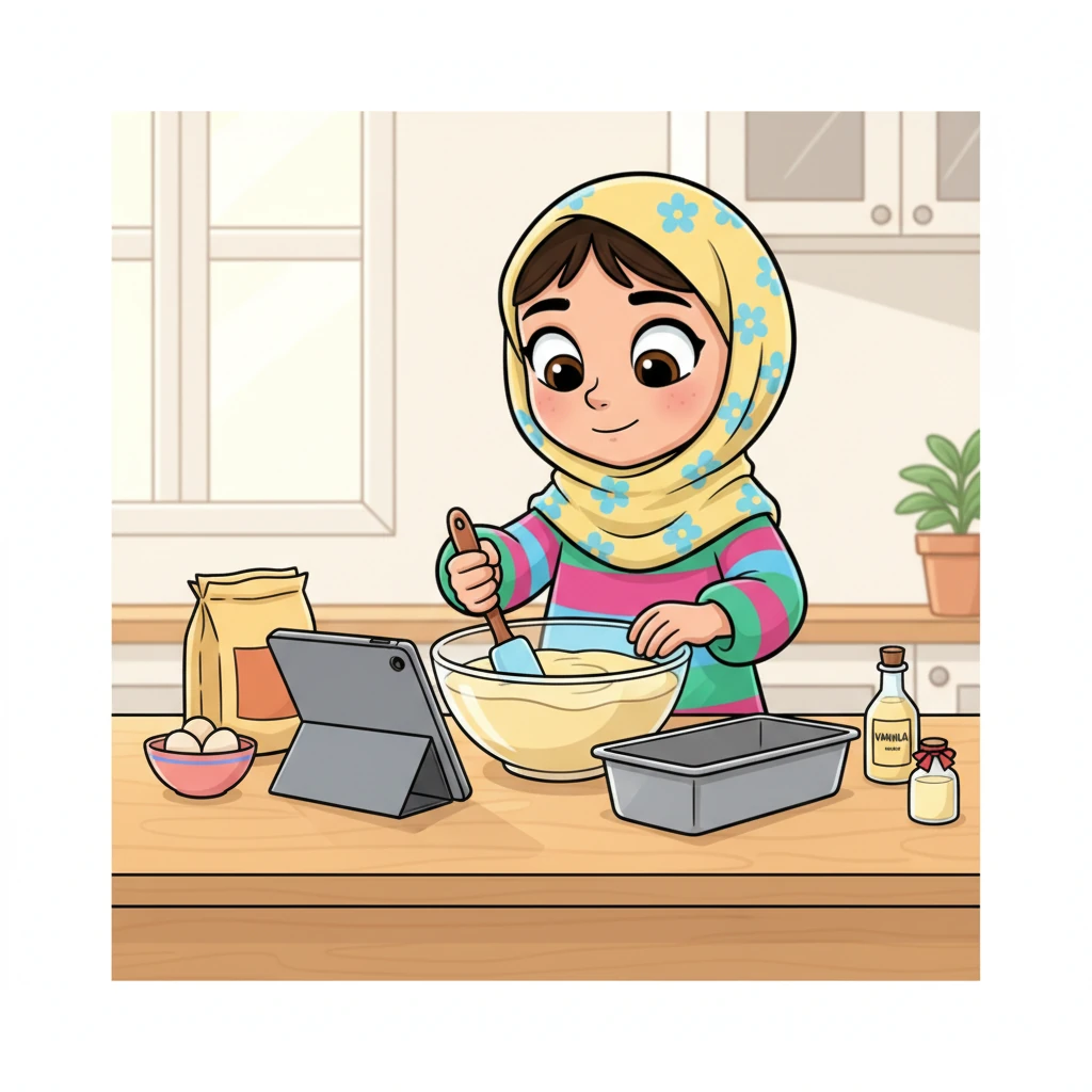 مع تجدد العزيمة، بدأت فاطمة من جديد. هذه المرة، كانت حركاتها أكثر دقة، وعيناها تتبعان كل خطوة في الفيديو. "هكذا إذن!" قالت وهي تقيس المكونات بعناية، وتخلطها بسلاسة. تحول الخليط إلى قوام ناعم ومتجانس، وشعرت بثقة كبيرة وهي تصبه في قالب الخبز.