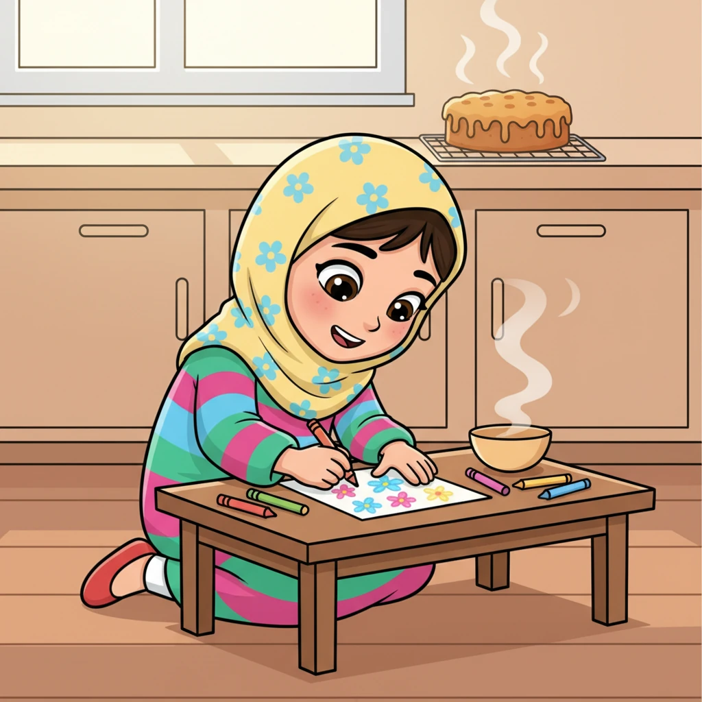 بينما كانت رائحة الكعكة الشهية تملأ المطبخ، قررت فاطمة أن تستغل الوقت. نظفت الفوضى الصغيرة التي أحدثتها، ثم جلست تصنع بطاقة معايدة جميلة لجدتها. رسمت عليها أزهاراً ملونة وكتبت بخط أنيق: "إلى جدتي الحبيبة، كل عام وأنتِ بخير!"، معبرة عن حبها العميق ولطفها.