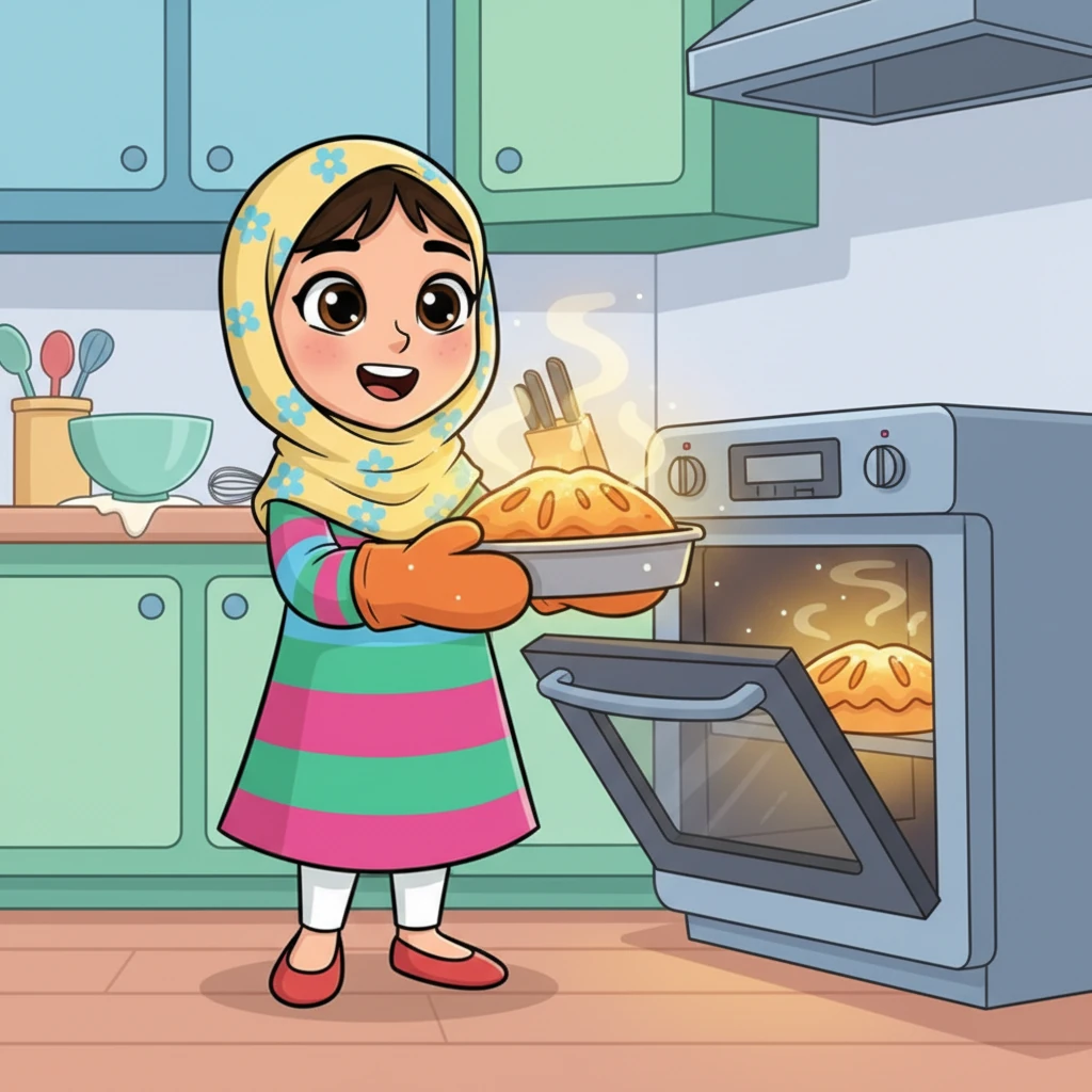 أخيراً، رن جرس الفرن معلناً أن الكعكة جاهزة! فتحت فاطمة الفرن بحذر، وسحبت الكعكة الذهبية المتوهجة. لم تكن مثالية تماماً، ربما مالت قليلاً من جانب واحد، لكن رائحتها كانت لا تقاوم، وشكلها اللطيف كان يبعث على البهجة. ابتسمت فاطمة بفخر، فقد صنعتها بيديها.