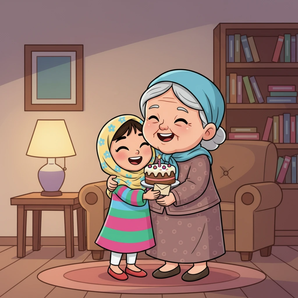 في المساء، ذهبت فاطمة إلى بيت جدتها حاملة الكعكة والبطاقة. عندما رأت الجدة الكعكة المصنوعة بحب، أشرق وجهها بابتسامة دافئة وعانقت فاطمة بحب. "يا لكِ من حفيدة رائعة! هذه أجمل هدية تلقيتها في حياتي،" قالت الجدة بصوت يملؤه الامتنان والفخر.