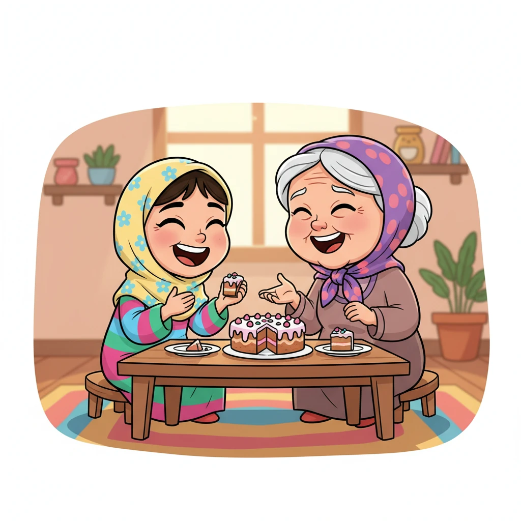 جلست فاطمة وجدتها معاً، تتشاركان قطع الكعكة اللذيذة وتتحدثان بضحكات عالية. كانت الكعكة حلوة المذاق، لكن الأجمل كان طعم السعادة والامتنان الذي شعرت به فاطمة وهي ترى الفرحة في عيني جدتها. شعرت أن كل التعب قد تلاشى، وأن اللحظة تستحق كل جهد.