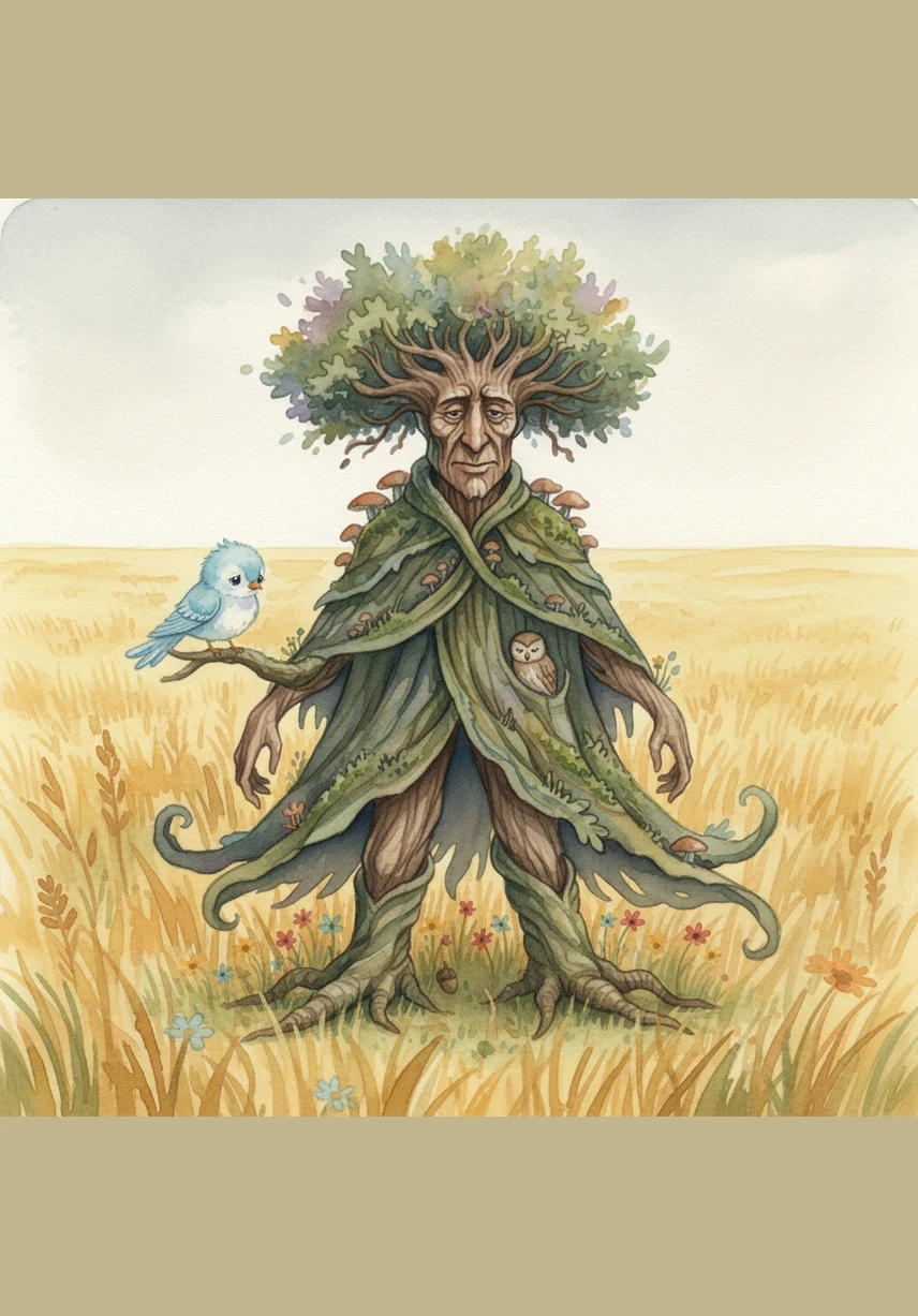 In the heart of a vast, golden field, an ancient oak tree named Barnaby stood tall against the horizon. A tiny blue bird named Pip landed softly on one of Barnaby’s gnarled branches, his feathers ruffled and his head hanging low. The silence between them was heavy with the little bird's quiet sorrow.