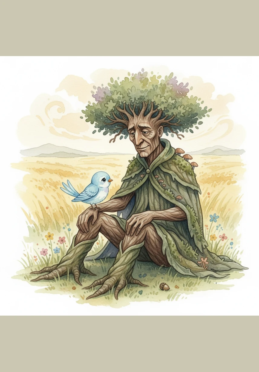 Pip explained that he had forgotten how to sing, feeling too small and quiet for such a wide, loud world. He felt as though his voice didn't matter among the roaring winds and the vast stretches of the field. Barnaby listened patiently, his deep roots steadying the earth beneath them.