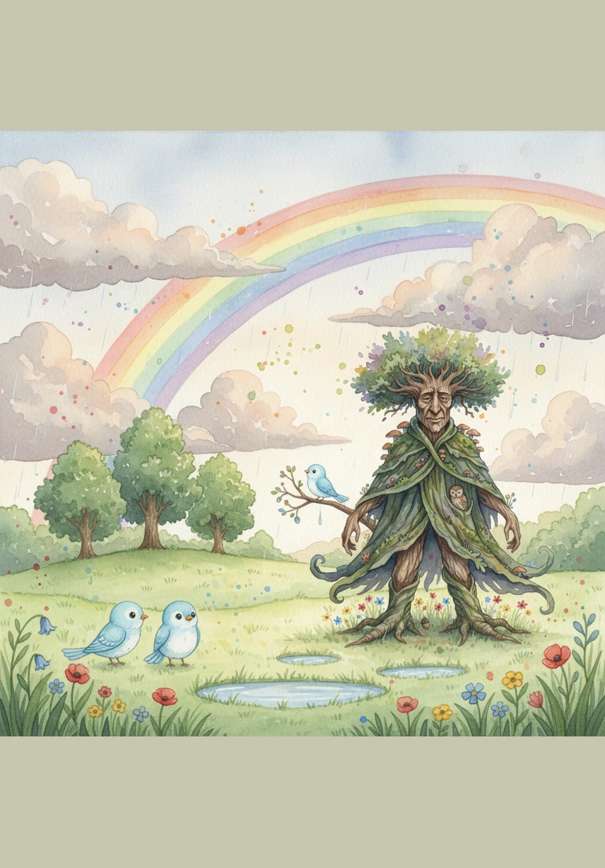 As the storm passed, a brilliant rainbow arched across the sky, reflecting in the puddles scattered throughout the field. Barnaby encouraged Pip to listen to the rhythm of the dripping leaves and the sighing wind. The world felt fresh and new, and the air was filled with the scent of damp earth.
