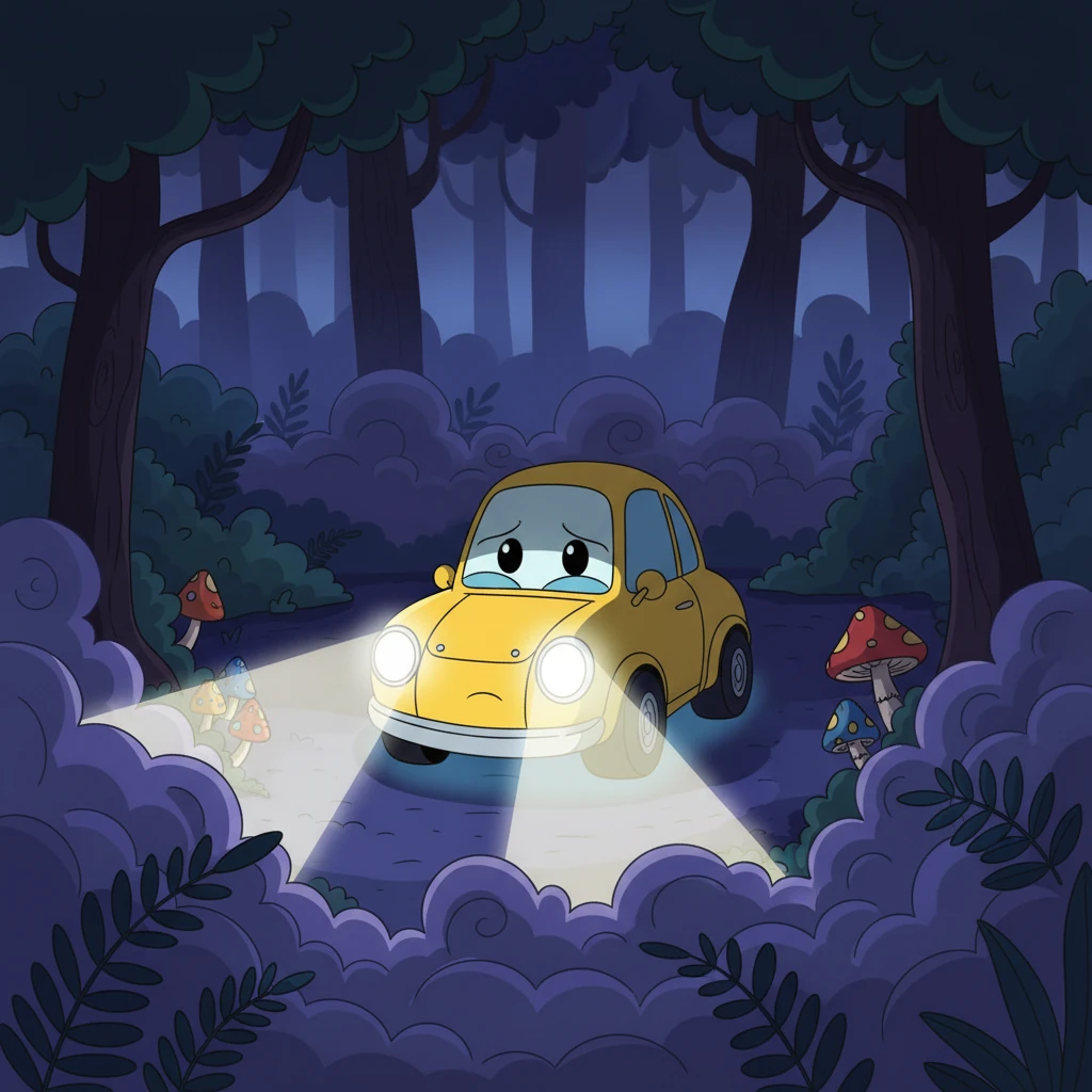 Lumi, a small, bright yellow electric car, often felt a little shy about her extra-bright headlights. While other cars had soft, gentle beams, Lumi's could cut through the thickest fog, making her feel a bit different. She loved to practice her special 'Night Vision' in quiet, shadowy corners, but she kept her extraordinary ability a secret.