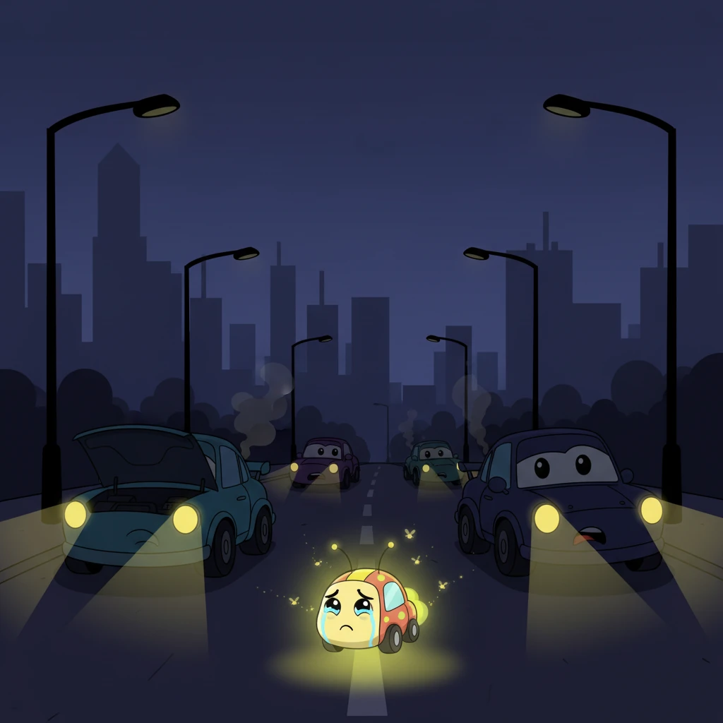 One evening, a sudden city-wide blackout plunged everything into darkness. Streetlights flickered out, and even most car headlights struggled to pierce the gloom. Panic spread as cars couldn't see the roads or find their way home, and a tiny, lost firefly car named Flicker cried, unable to find its sparkling family.