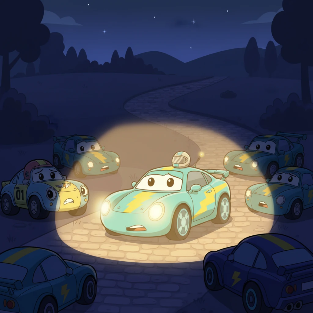 Seeing Flicker's distress and the widespread confusion, Lumi took a deep breath. She decided it was time to share her gift. With a soft click, her special headlights activated, glowing with an extraordinary, powerful light that gently pushed back the darkness, illuminating the worried faces of the cars and the winding road ahead.