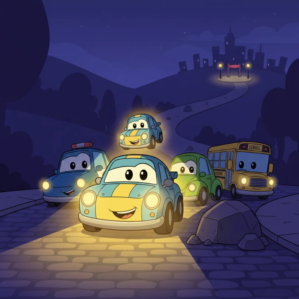 Lumi bravely drove forward, her luminous beams creating a clear, safe path for little Flicker. Other cars, amazed by her brilliant light, gratefully followed behind, their fears easing with every illuminated turn. Lumi guided them carefully, avoiding obstacles, until they reached a small, safely lit area on the edge of the city.