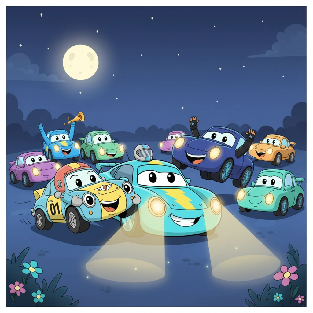 Flicker joyfully zipped into the embrace of its family, and all the cars cheered loudly for Lumi. She beamed with pride, no longer shy about her unique talent. From that night on, Lumi was celebrated as the brave little car with the magnificent night vision, always ready to light the way for her friends.