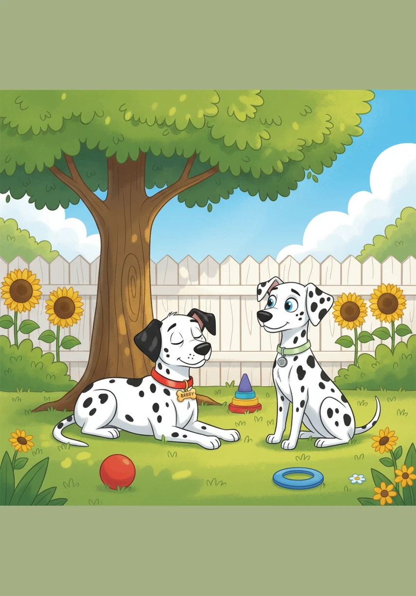 Bobby and Matrix lounge in their sun-drenched backyard, their black spots contrasting beautifully against their white coats. Bobby rests his head on his paws thoughtfully, while Matrix sits upright with his ears perked, scanning the horizon for excitement.