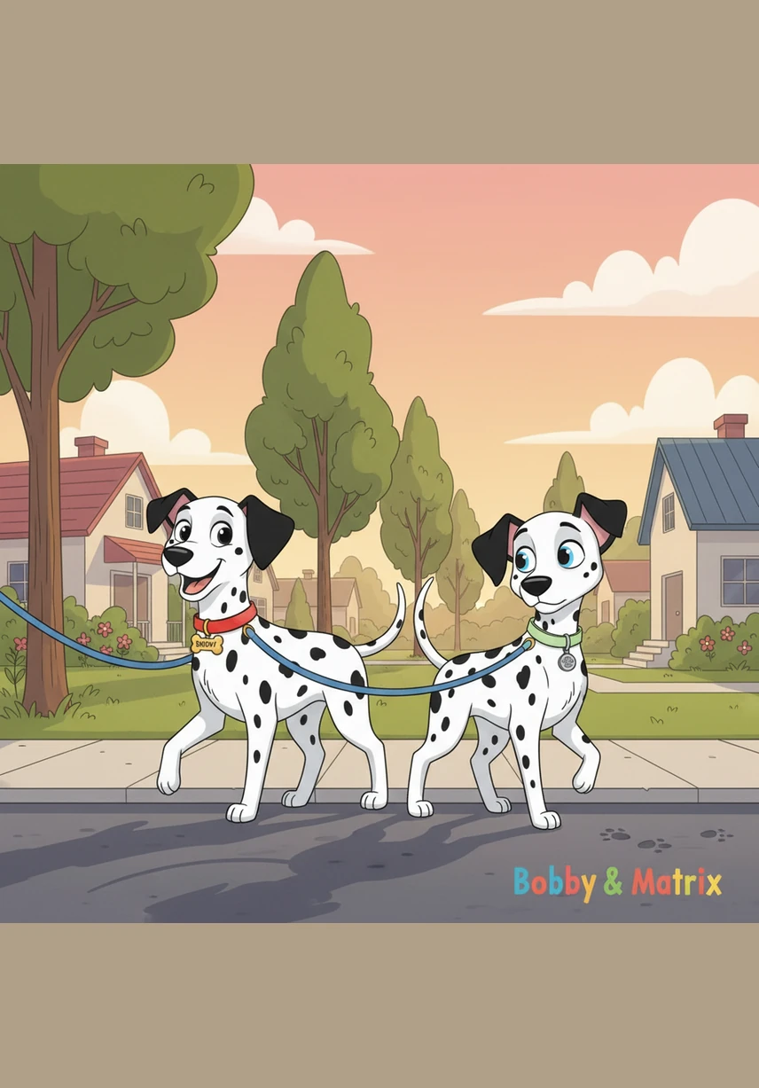 The brothers trot down the quiet suburban street, Bobby keeping a watchful eye on their surroundings while Matrix bounces ahead with boundless energy. The morning sun casts long shadows on the pavement as they head toward the unknown smells of the neighborhood.