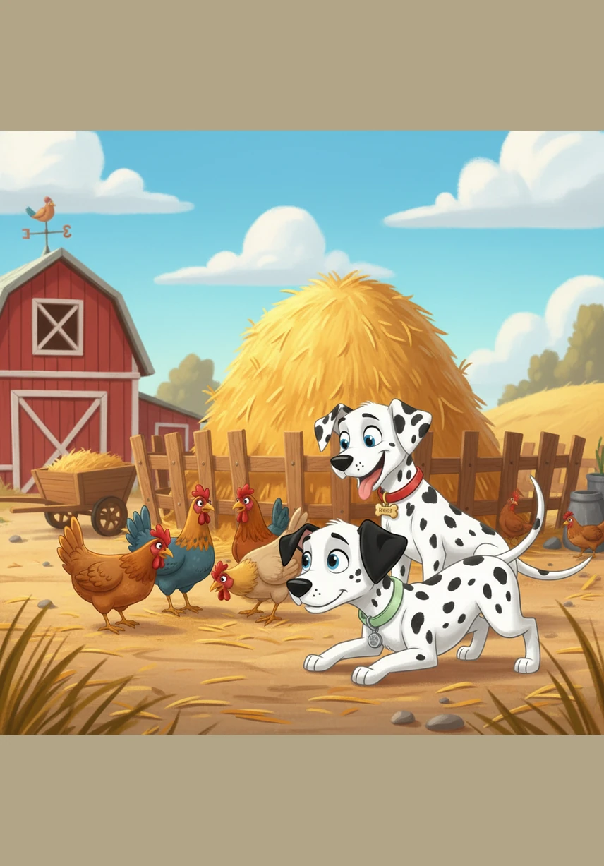 They reach the edge of a bustling farmyard, where the air is thick with the scent of fresh hay and the sound of busy clucking. Matrix freezes in excitement, his body tensed like a spring ready to pop as he spots a group of feathered friends.