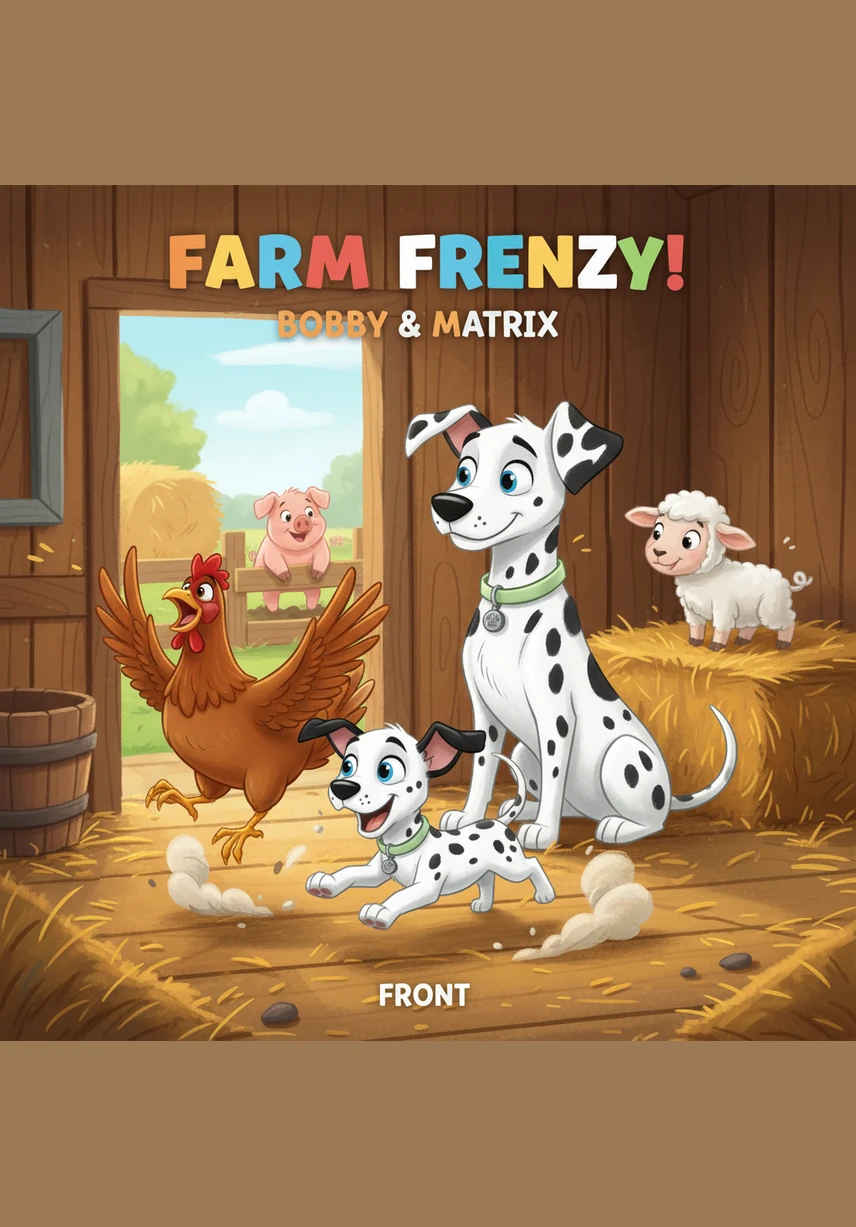 Chaos erupts as Matrix lunges forward, sending chickens fluttering in every direction like exploding popcorn. Bobby sighs but joins the chase, his spots blurring into a streak of white and black as he follows his little brother through the swirling feathers.