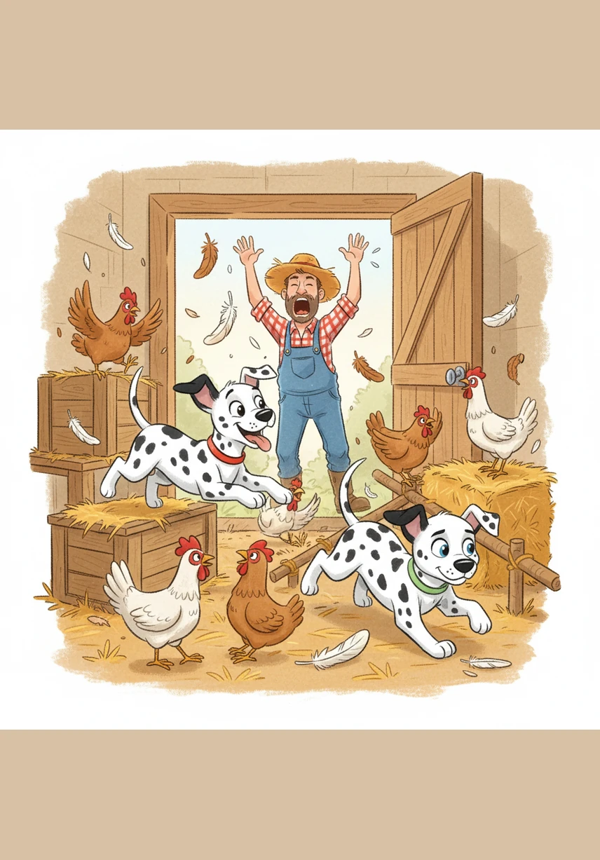 Feathers fly through the air as the brothers weave through the hen house, barking with pure, unbridled joy. In the distance, a farmer appears, waving his arms and shouting as the two mischievous puppies decide it is time to make a quick getaway.