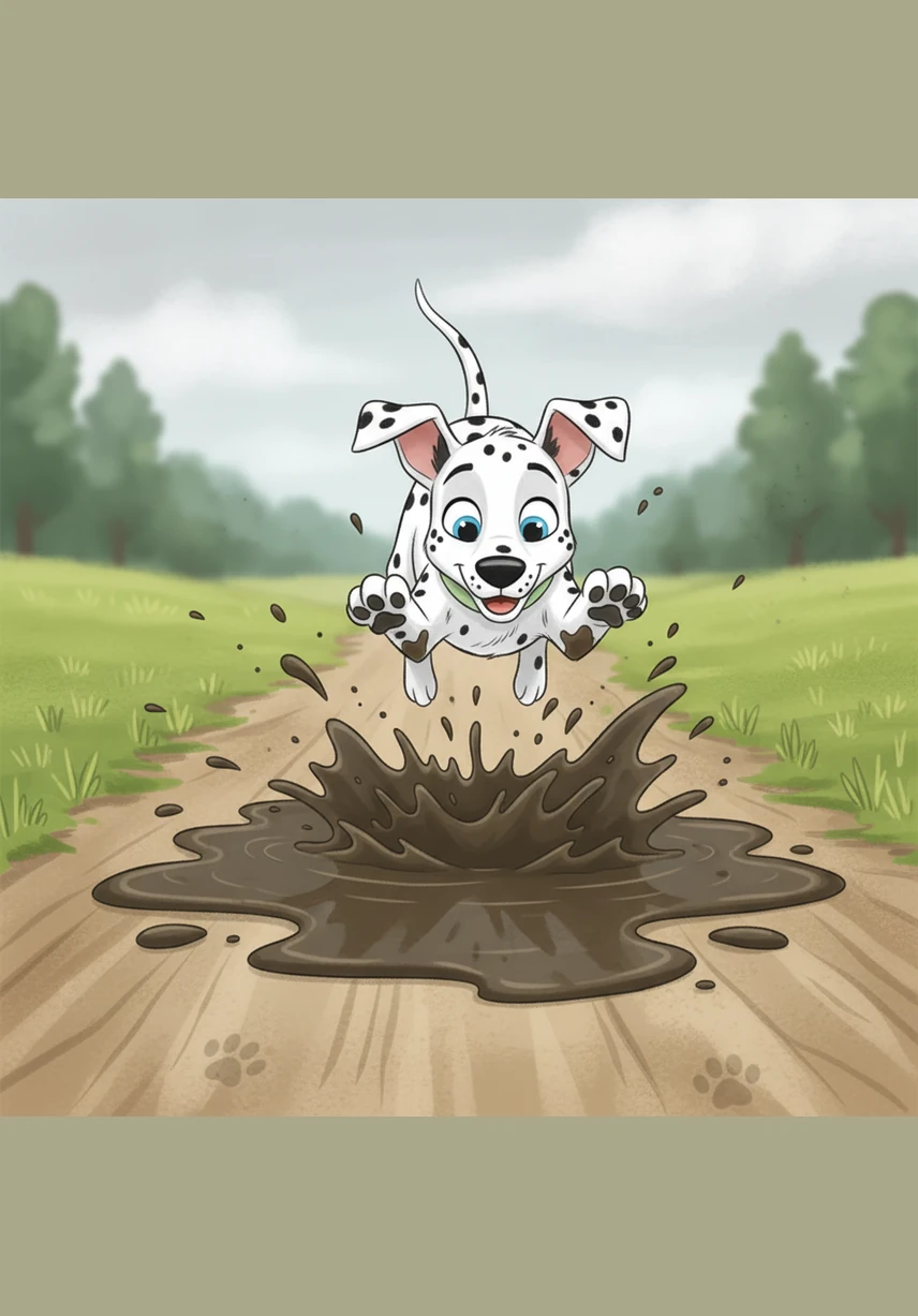 In the middle of the grassy path sits a magnificent, squishy, and gloriously deep mud puddle. Matrix doesn't hesitate for a single second, leaping into the air with his paws spread wide and a look of pure determination.