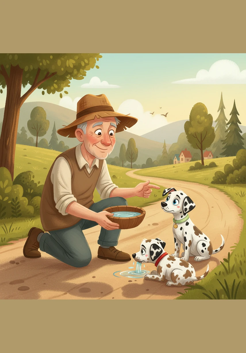 A kind old man with a gentle smile and a weathered hat finds the two muddy explorers and offers them a bowl of cool, clear water. He recognizes the address on their collars and gently leads them back toward the familiar path that leads home.