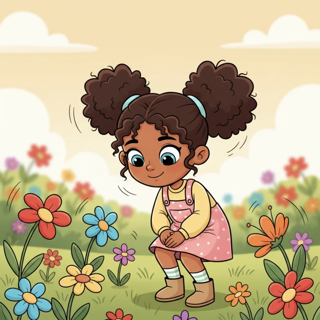 Luna saw colorful flowers all around her, swaying gently in the breeze. She stopped to look closely at their intricate petals and smiled, feeling a peaceful joy.