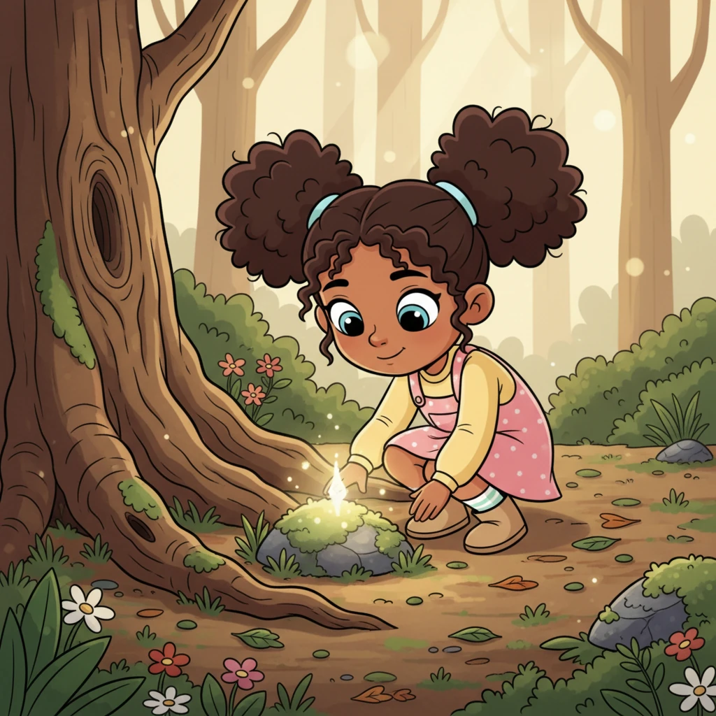 As she rested, a tiny flicker of light caught her eye near the tree's roots. It sparkled with a gentle glow, peeking out from beneath a mossy stone.