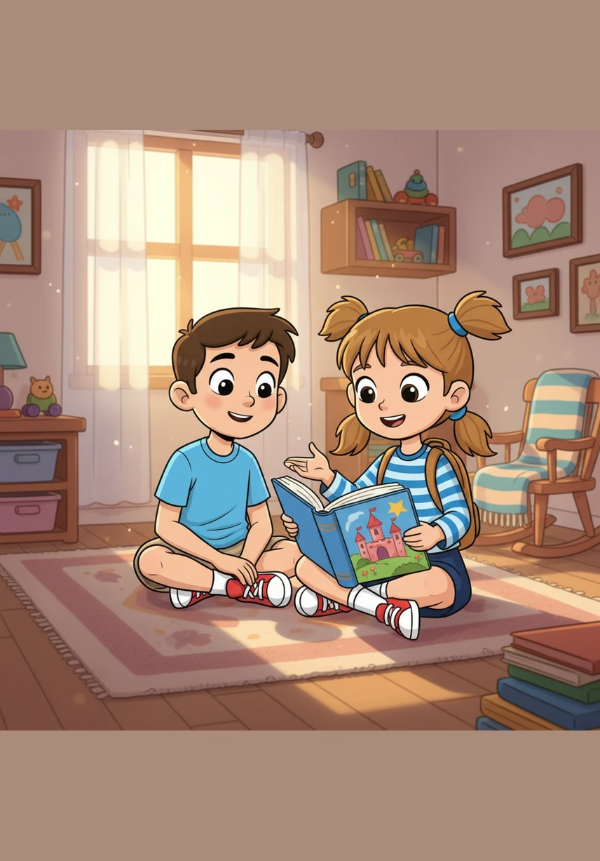 Mia and Sam sit cross-legged in their favorite sunlit corner of the playground, surrounded by colorful wooden blocks. They are focused and happy, starting to build the foundation of their daily masterpiece.