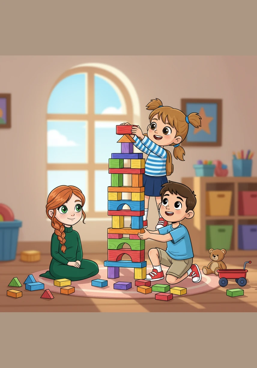 The block tower reaches high toward the sky, a marvel of balance and color. Mia places a bright red block on top while Sam holds the base steady, both wearing proud smiles as they admire their work.