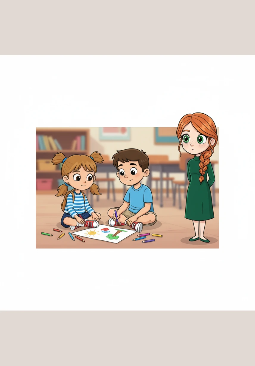 A new student named Lily stands a few feet away, her hands tucked behind her back. She watches the duo with wide, curious eyes, longing to join the creative magic happening in the quiet corner.