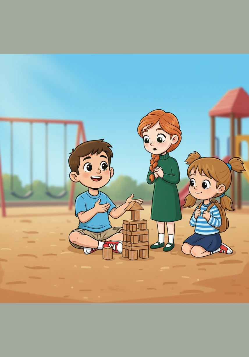 Sam looks up with a bright, welcoming grin and tells Lily they can make the tower even taller together. His kindness fills the air, making the playground feel a little warmer and more inviting.