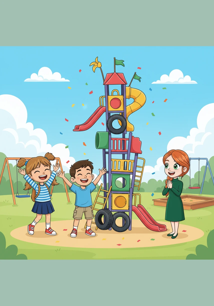 The giant tower wobbles and sways, causing the three friends to burst into fits of giggles. When it finally stands firm, they cheer together, their voices echoing across the playground in a celebration of teamwork.