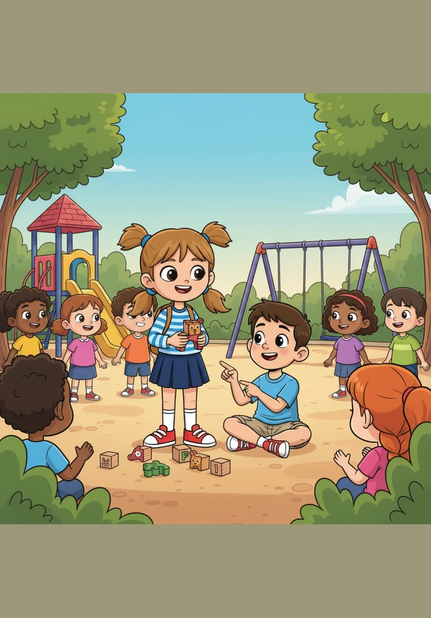 The corner of the playground is now filled with laughter and even more children joining the fun. Mia looks around at the growing circle of friends, realizing that the best towers are built when everyone has a place to play.