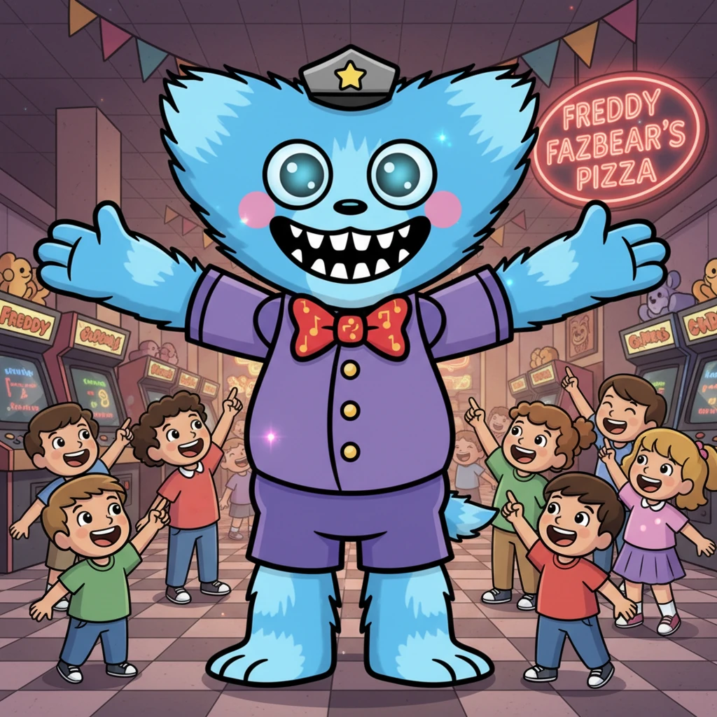 In the year 1983, a brand new animatronic named Barnaby Bear-Hug stood tall and friendly at Freddy Fazbear's Pizza. With his bright blue fur and an enormous, welcoming smile, he was ready to greet every child with a warm embrace. The bustling arcade lights twinkled around him, casting playful reflections on his shiny nose.