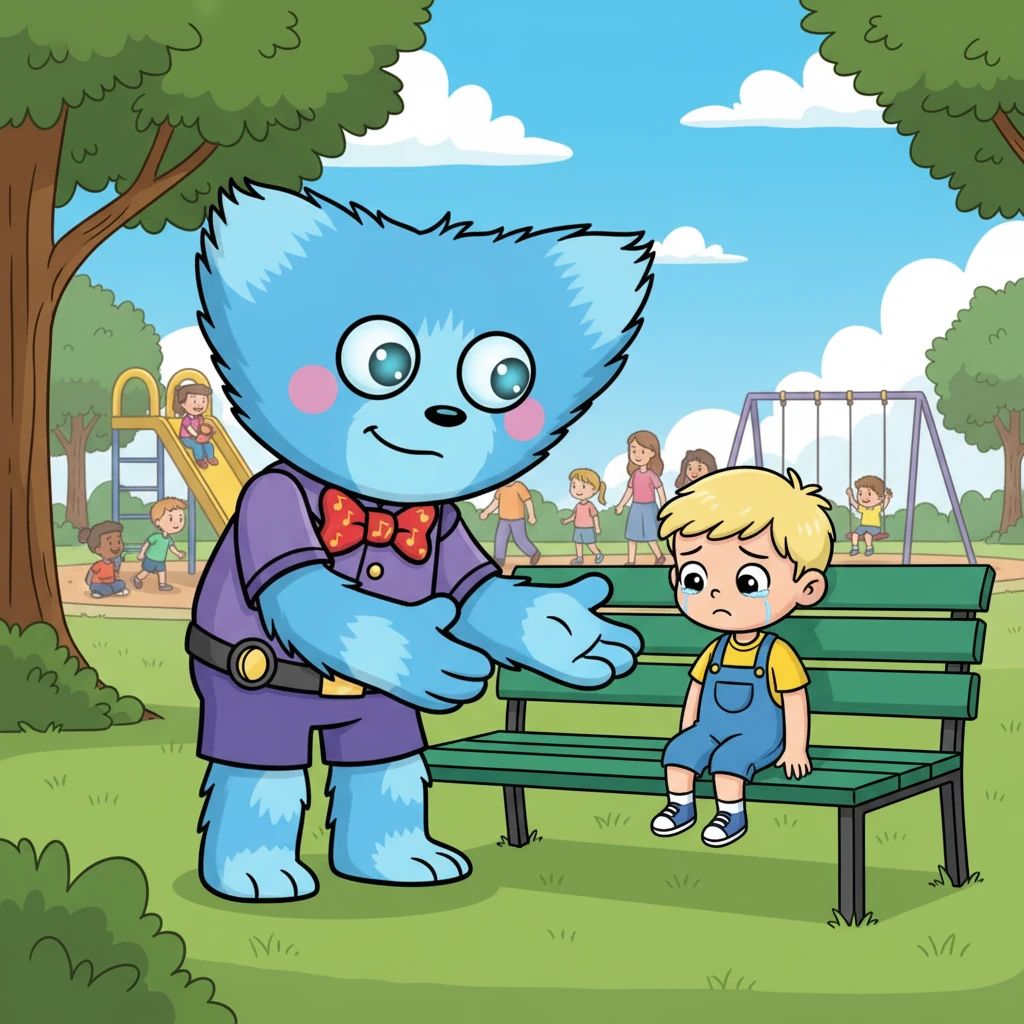 One sunny afternoon, Barnaby noticed a small child sitting alone, their face a little sad amidst the cheerful chaos. Their toy had gone missing, and tears welled in their big, innocent eyes. Barnaby approached slowly, his friendly presence a beacon of comfort.