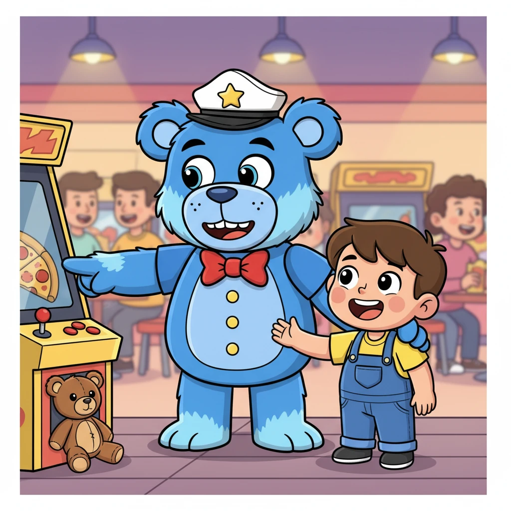 With a soft, reassuring pat on the shoulder, Barnaby gently guided the child through the crowded pizzeria. His large, cartoonish hand pointed towards a lost teddy bear peeking out from under a game machine. The child's face instantly lit up with a joyous smile, happy to be reunited with their friend.