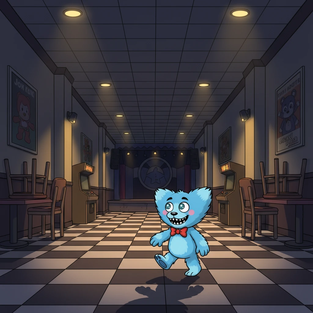 As the day ended and the last families waved goodbye, Barnaby began his nightly rounds. He patrolled the quiet halls, his big, soft feet making no sound as he checked every corner. The normally lively pizzeria was peaceful, with only the hum of the machines accompanying him.