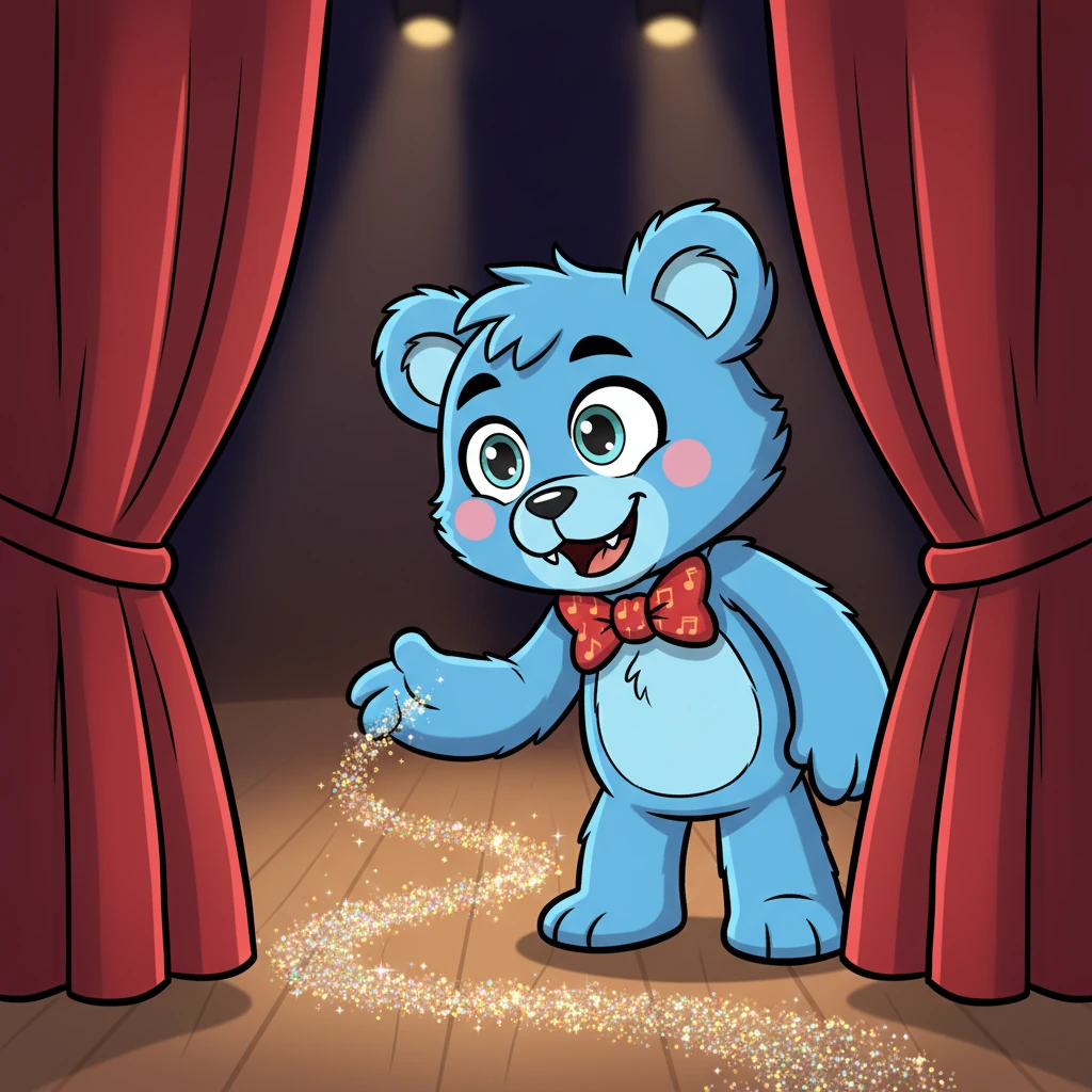 Suddenly, Barnaby spotted a curious trail of sparkling glitter leading behind the main stage curtain. His eyebrows raised in playful surprise, and a sense of gentle mischief twinkled in his eyes. He wondered what delightful secret might be hiding back there.