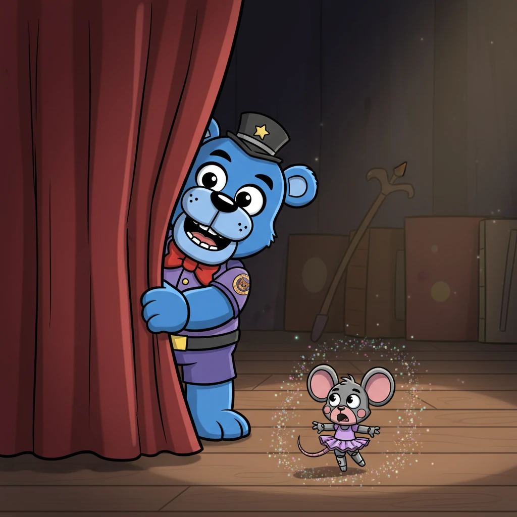 Peeking behind the velvet curtain, Barnaby discovered a tiny, shy animatronic mouse, no bigger than a teacup, who had been practicing secret dance moves! The mouse squeaked in surprise, scattering more glitter, but Barnaby just chuckled, offering a silent, encouraging nod.
