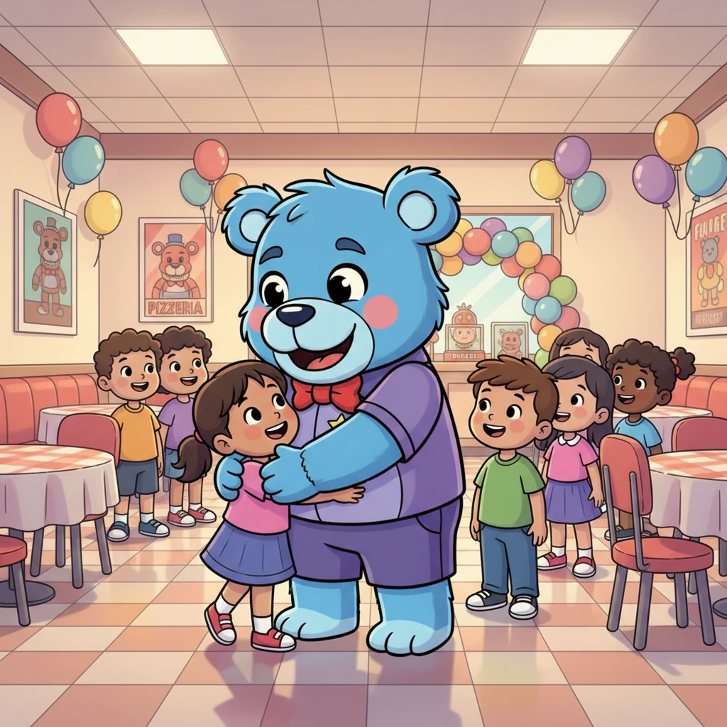 Today, a new generation of children still lines up for Barnaby's famous bear-hugs. His arms, still as soft and welcoming, embrace them with the same warmth and cheer. Barnaby Bear-Hug continues to be the best friend and protector at Freddy Fazbear's, a timeless symbol of fun and friendship.