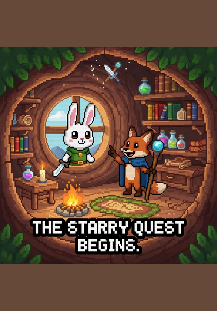 A whimsical, round wooden door with a golden handle stands nestled in a lush green hillside, surrounded by glowing wildflowers. Hopper the Bunny stands by the door, waving a friendly paw and inviting you to step into the magical world of Fablehut.