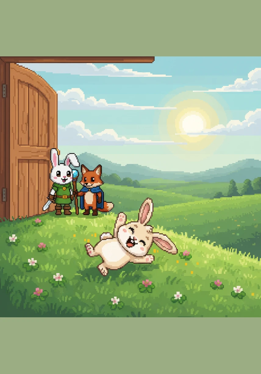 The door opens to reveal vast, rolling green meadows that shimmer under a golden sun. Hopper is seen somersaulting down a soft hill of clover, his long ears flopping happily as he enjoys the fresh, open space.