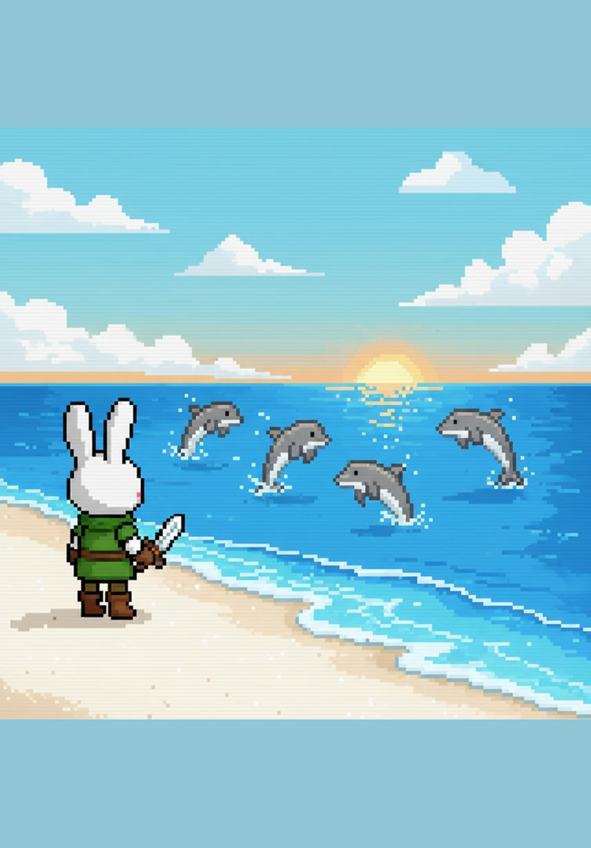 The journey continues to a beautiful blue sea where gentle waves lap against a shore of sparkling white sand. Hopper stands on the beach looking at the horizon, while friendly dolphins leap out of the water to say hello.