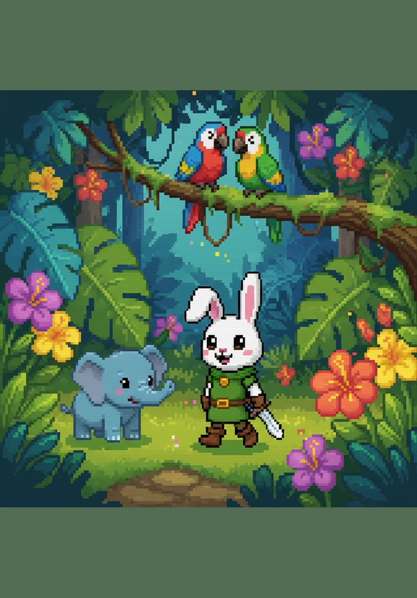 Deep within Fablehut is a friendly jungle filled with giant, colorful leaves and glowing tropical flowers. Hopper walks along a mossy path, greeted by a smiling baby elephant and a pair of curious, colorful parrots perched on a low branch.