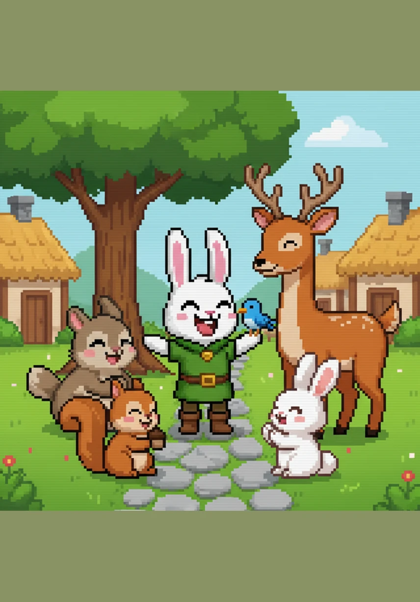 In the center of the village, a group of different animals and birds gather together in a circle of friendship. A deer, a squirrel, and a bluebird share a laugh with Hopper, showing how everyone lives in perfect harmony.