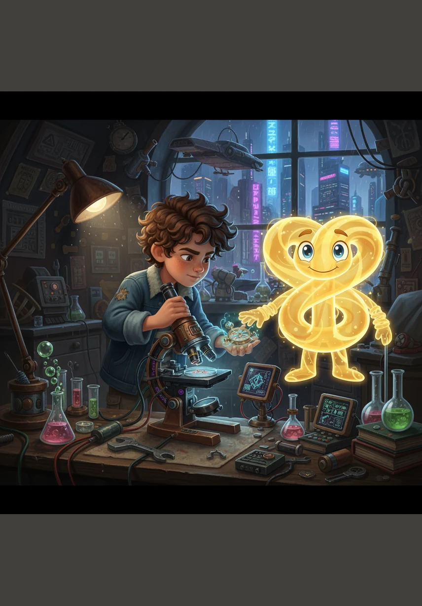 Alibi stands in his cluttered attic laboratory, surrounded by glowing beakers and a high-tech shrinking machine. He adjusts his goggles and presses a glowing green button, ready to explore the unseen world hidden within a single drop of water on his microscope slide.