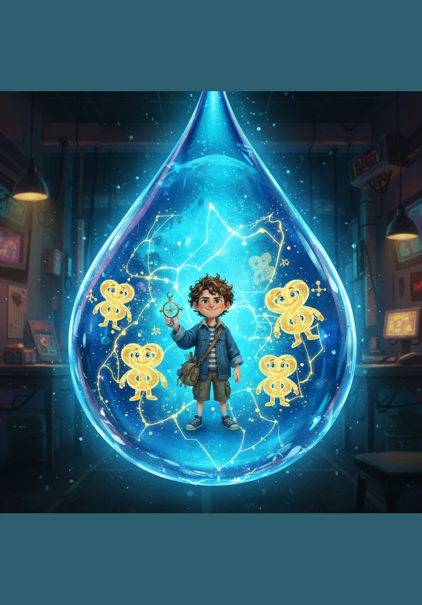 Everything around Alibi grows massive as he shrinks to the size of a molecule, diving headfirst into a shimmering, crystalline water droplet. The world inside is a vibrant neon blue ocean where everything hums with a rhythmic, electric energy and floating particles.