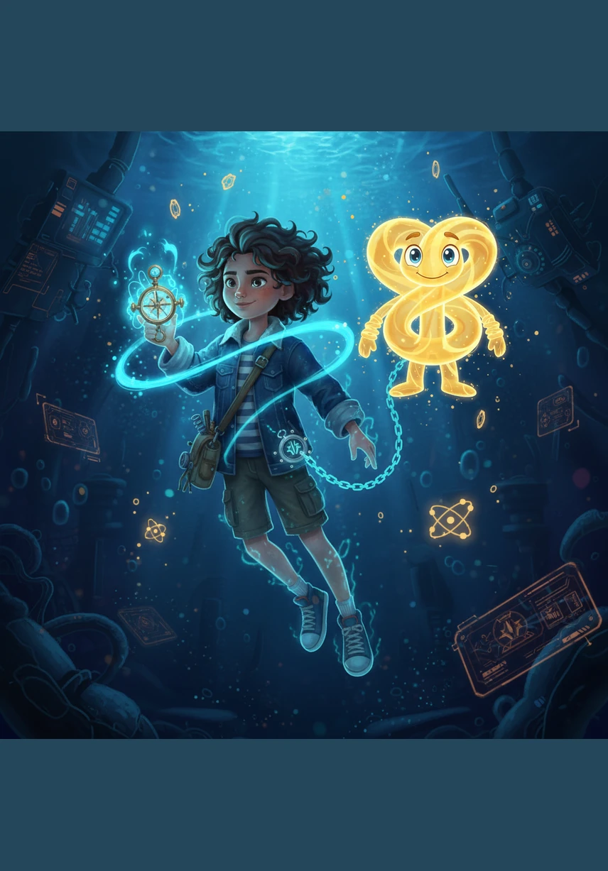 Floating through the liquid, Alibi encounters two tiny, energetic Hydrogen spheres and one large, calm Oxygen sphere. They zip around like playful dancers, their surfaces glowing with a soft, bioluminescent light that illuminates the dark blue void.