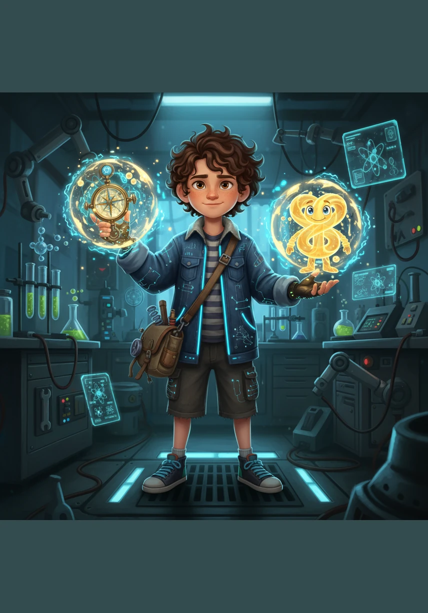 Alibi watches in awe as Bondy helps the Hydrogen and Oxygen atoms grab hands, forming a sturdy V-shaped water molecule. The connection releases a gentle pulse of light, showing how teamwork at the atomic level creates the very substance of life.