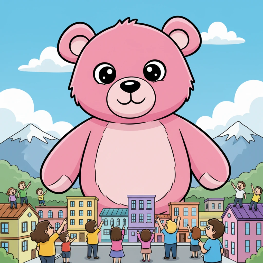 One sunny morning, the town of Brightville woke up to an extraordinary sight: a colossal, fluffy pink teddy bear, as tall as the tallest skyscraper, was peeking over the horizon. Her soft, round ears brushed against the clouds, and her button nose was the size of a car. Townspeople gasped, pointing with wide-eyed wonder at the gentle giant.