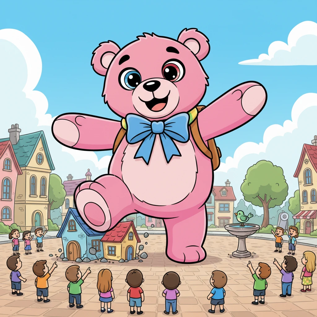 Rosie, the magnificent bear, took her first enormous step into the town square, her plush foot covering several houses. Despite her incredible size, her movements were surprisingly graceful and soft, making not a single ripple in a nearby birdbath. Children and adults alike stared up, their tiny figures dwarfed by her immense, cheerful presence.