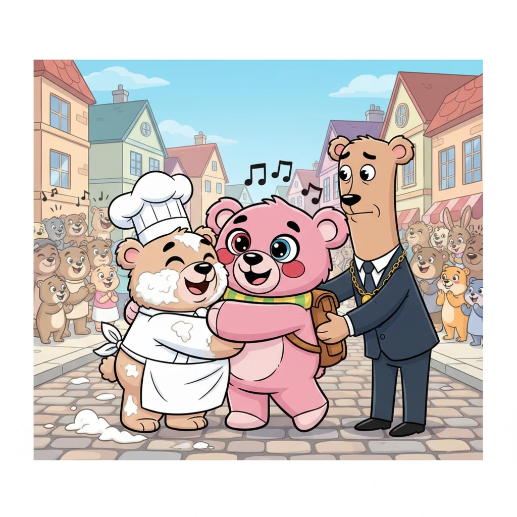 Continuing her stroll, Rosie offered warm embraces to everyone she met. A bustling baker, covered in flour, received a sweet squeeze, and even the stern-faced town mayor found himself enveloped in a comforting hug. Laughter and delight echoed through the streets as Rosie shared her boundless affection with everyone.